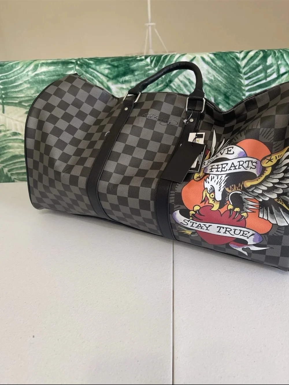 Ed Hardy Black & Gray Checkered Duffel with Colorful Eagle Heart Graphic